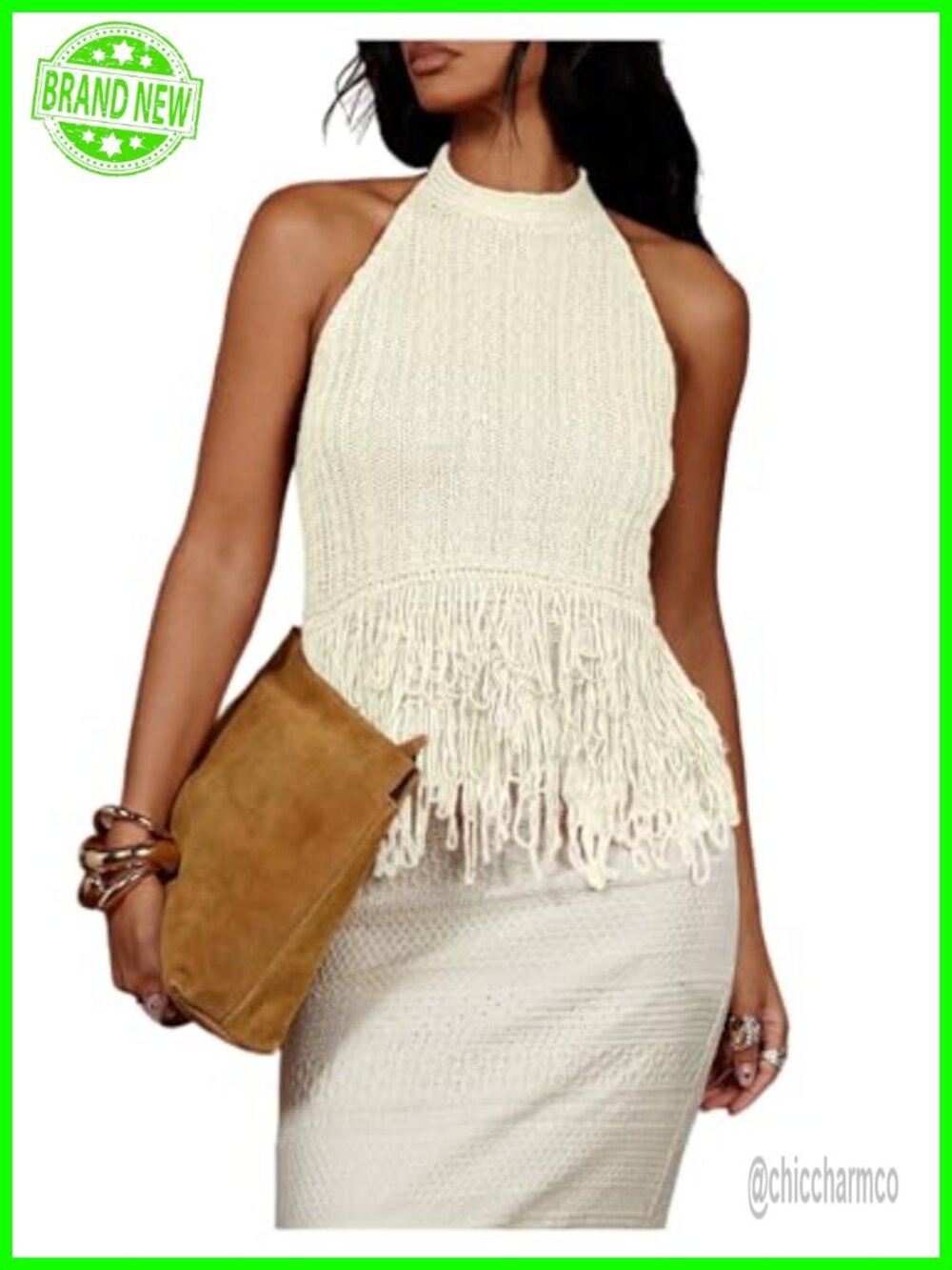 Sleeveless Fringe Trim Knitted Halter Sweater Vest Going Out Top